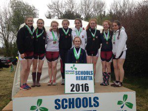 The girls U15 eight who won at the Schools Regatta: (left to right) Isabella Gannon, Elise-Carney-Frazier, Roisin Gavin, Ruth Griffin, Ruby Murphy, Aoife Dempsey, Rosin McGrath, Anna Coyne, (in front) Holly McHugh (cox) 