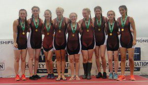 The winning girls J16 8+ on the podium at the Irish Rowing Championships (l to r): Caoileann NicDhonncha, Ruby Murphy, Elise Carney Frazier, Rachel O'Malley-Raecke, Aoibhinn McPhillips (cox), Roisin Gavin, Carley Mannion, Holly McHugh, Ciara Walsh